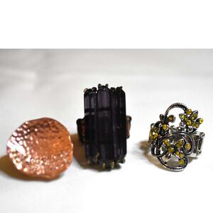 Set Of 3 Copper Rhinestone/ Purple Glass / Filigree Green Crystal Stretch Rings